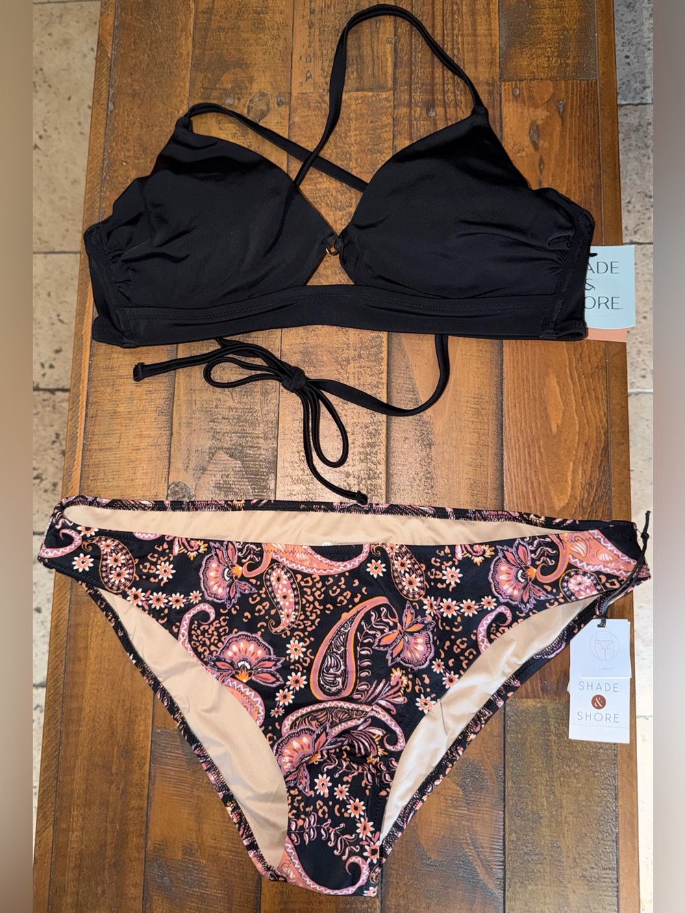 Shade & Shore Black Halter Bikini Top with Pink Paisley Bottom